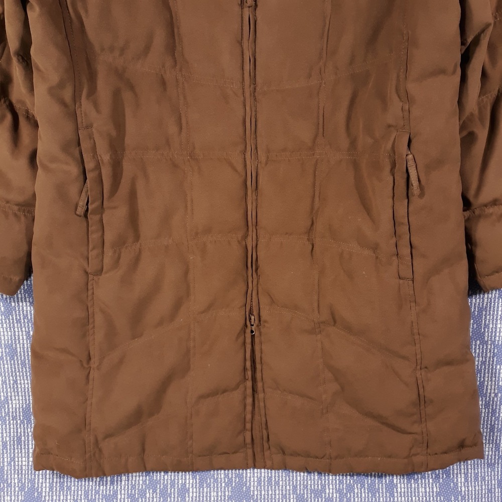 L.L. Bean Puffer Coat Jacket Womens Large Petite Goose Down Faux Fur Trim Brown - Picture 3 of 13
